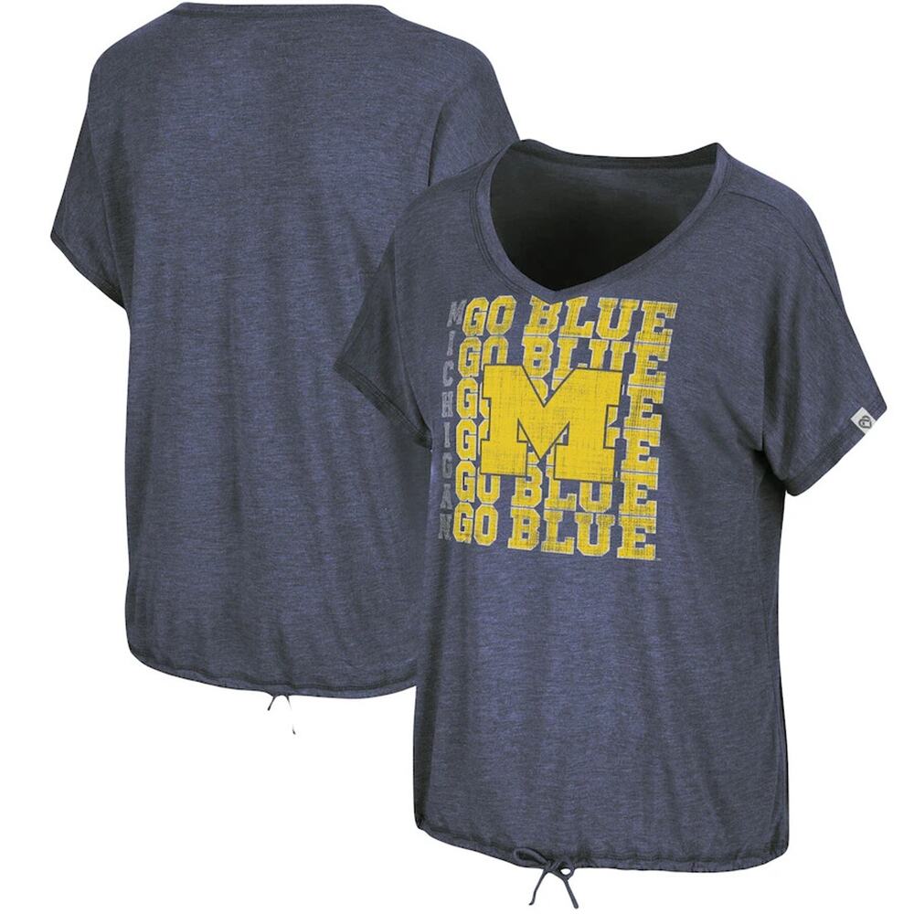 Michigan Wolverines T-Shirt Women's Medium Maize and Blue Drawcord V-Neck